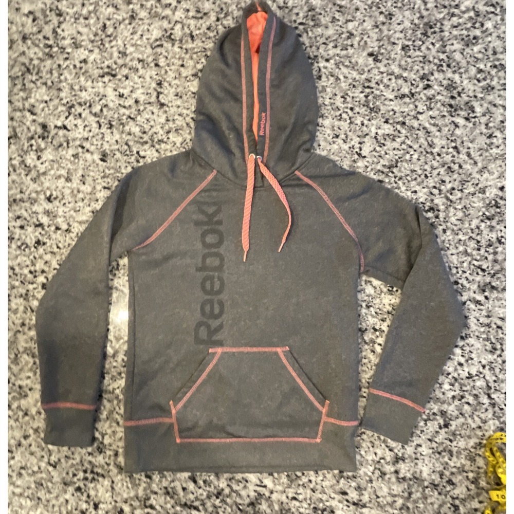 REEBOK Womens PULLOVER GRAPHIC HOODIE  SWEATSHIRT SIZE Small Gray Pink‎ #C767